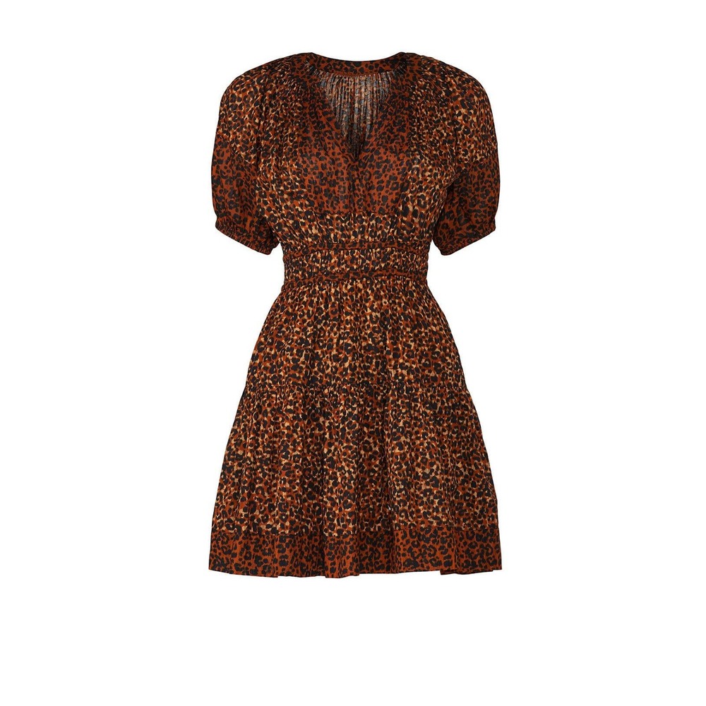 Ulla Johnson Leopard Print Mini Dress Brown V-Neck Puff Sleeve Smocked Waist 2 - Picture 8 of 15